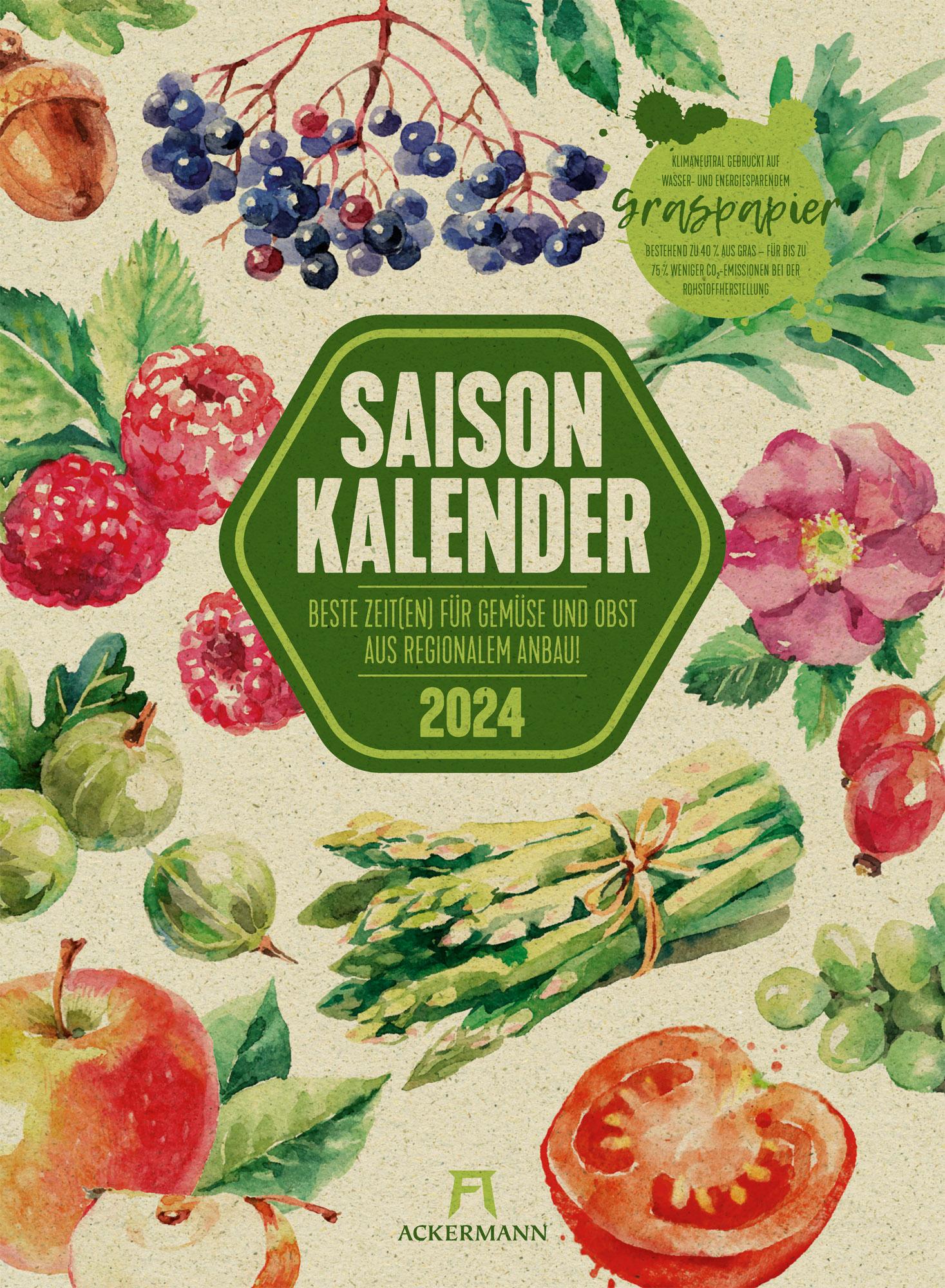 Saisonkalender - Obst & Gemüse - Graspapier-Kalender 2024 Beste Zeiten für Gemüse und Obst aus regionalem Anbau, Maße (B/H): 33 x 45 cm, Wandkalender aus Graspapier