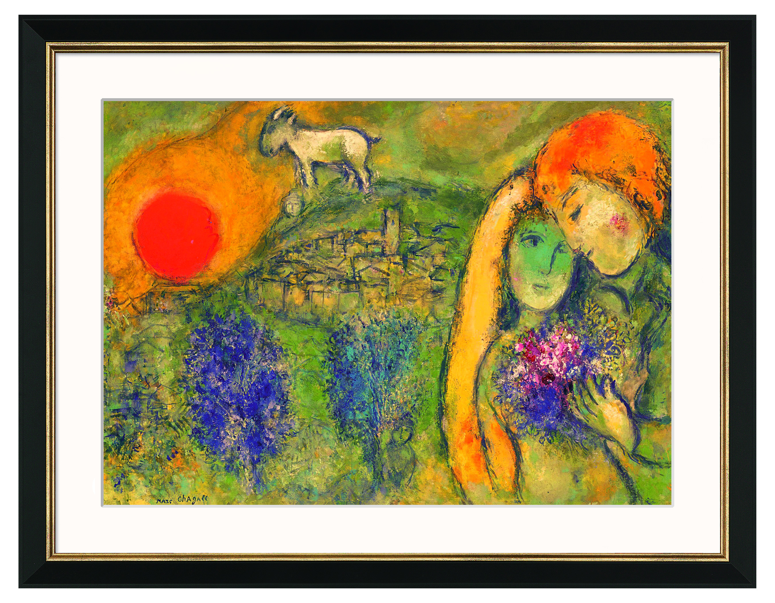 Gemälde "Die Liebenden von Vence (Les Amoureux de Vence)" 1957, gerahmt Schwarz-Gold" - Marc Chagall