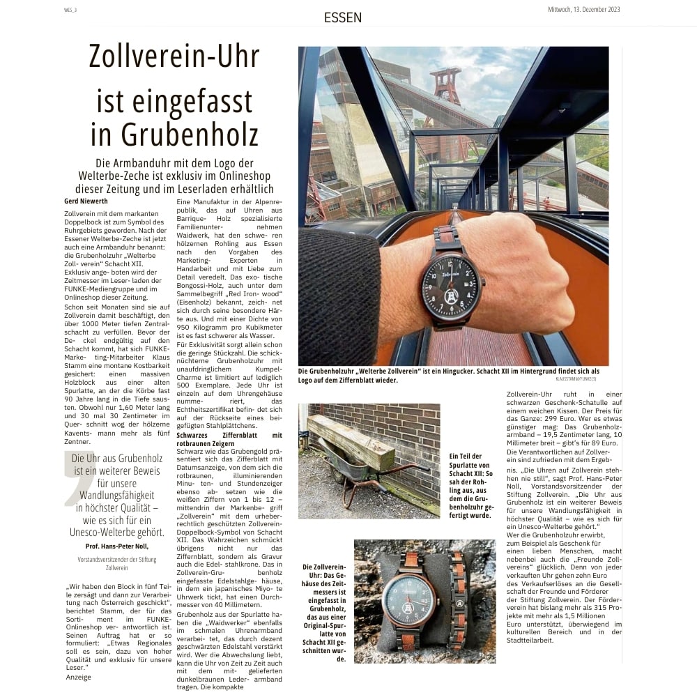 Herrenuhr Grubenholzuhr – Welterbe Zollverein Schacht ⅩⅠⅠ