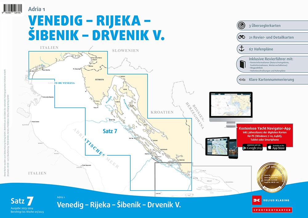 Sportbootkarten Satz 7: Adria 1 (Ausgabe 2023/2024) Venedig - Rijeka - Sibenik - Drvenik V.