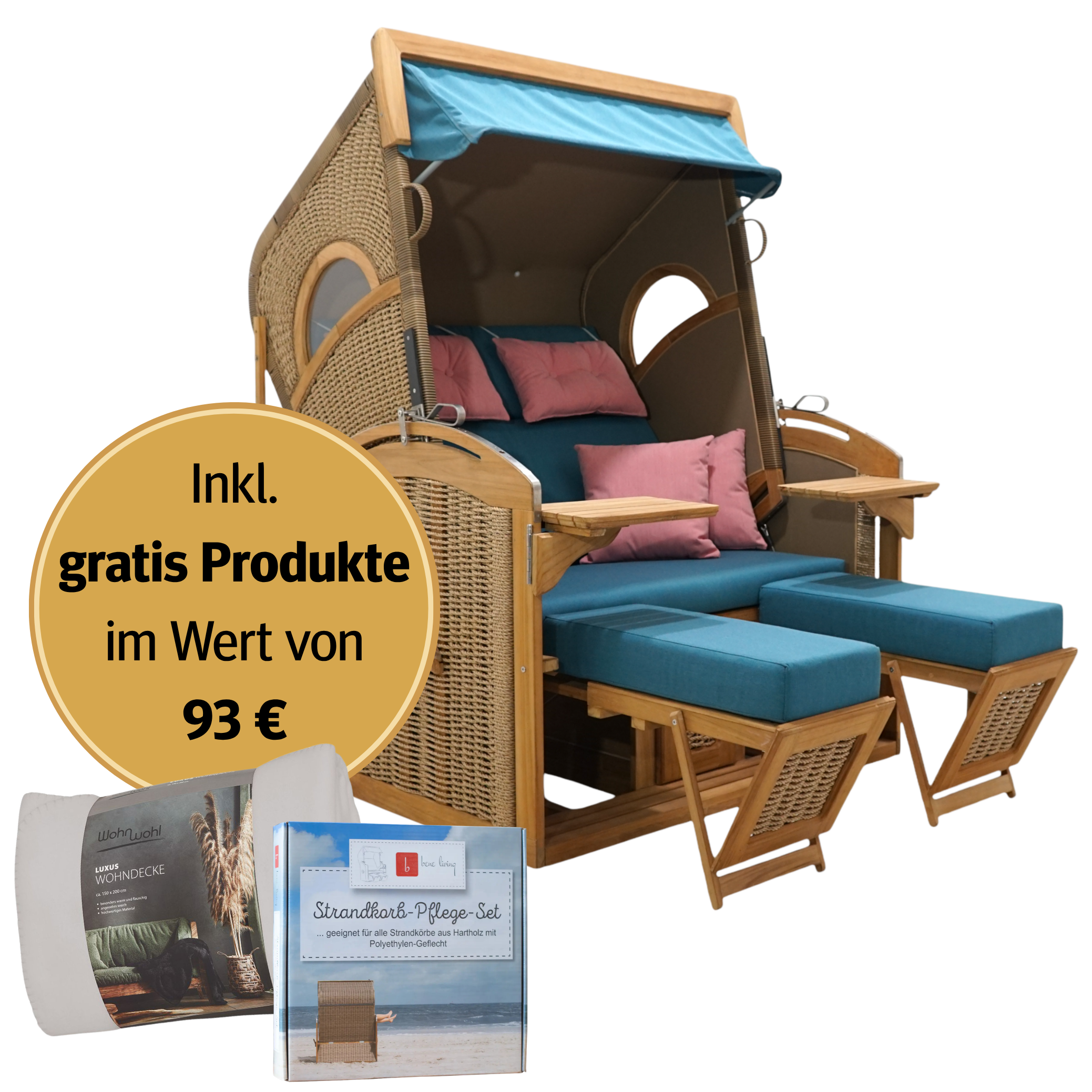 Strandkorb 2-Sitzer Komplettset | Teakholz – Korallenbank limitierte Sonderedition