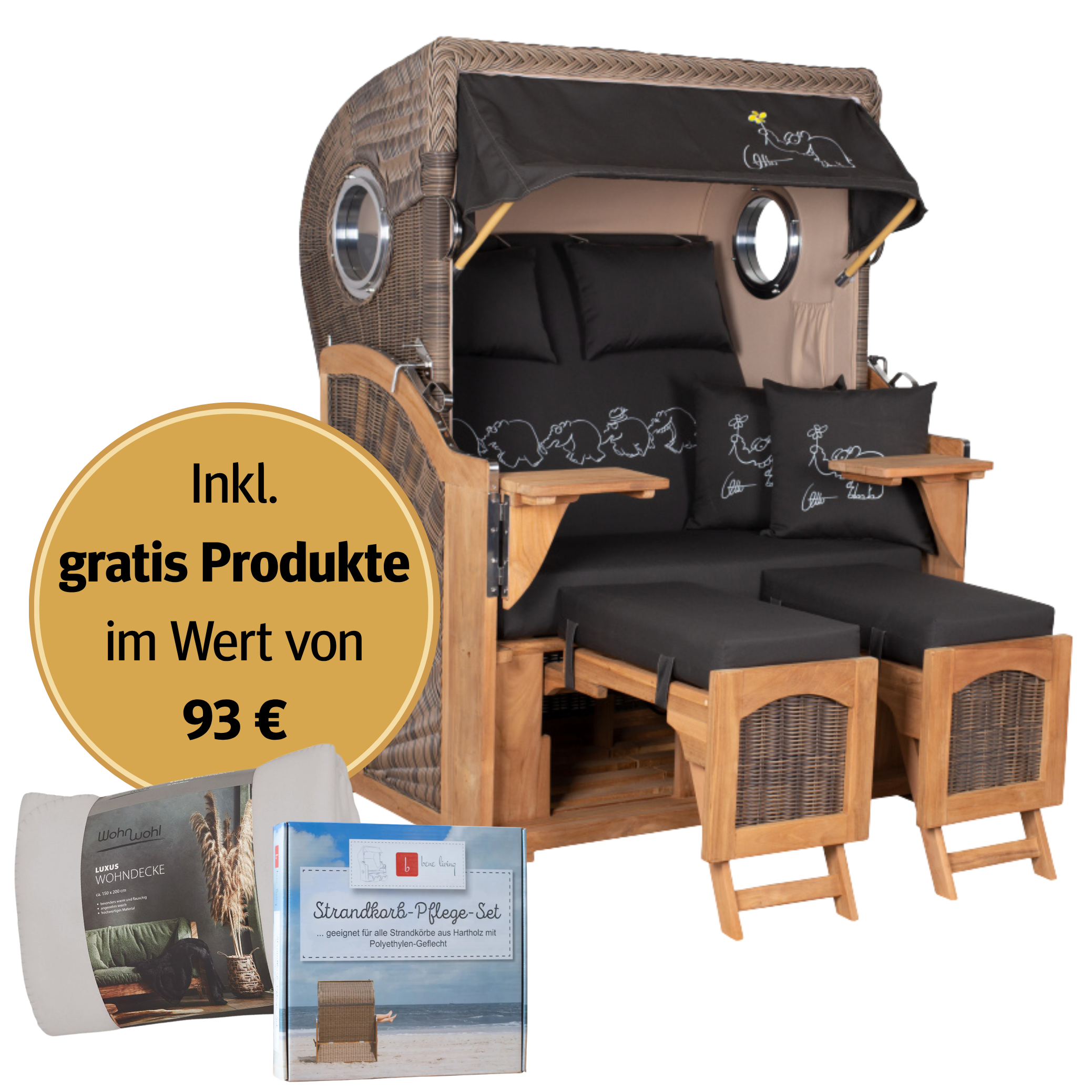 Strandkorb 2-Sitzer Komplettset | Teakholz – Düne Ottifant