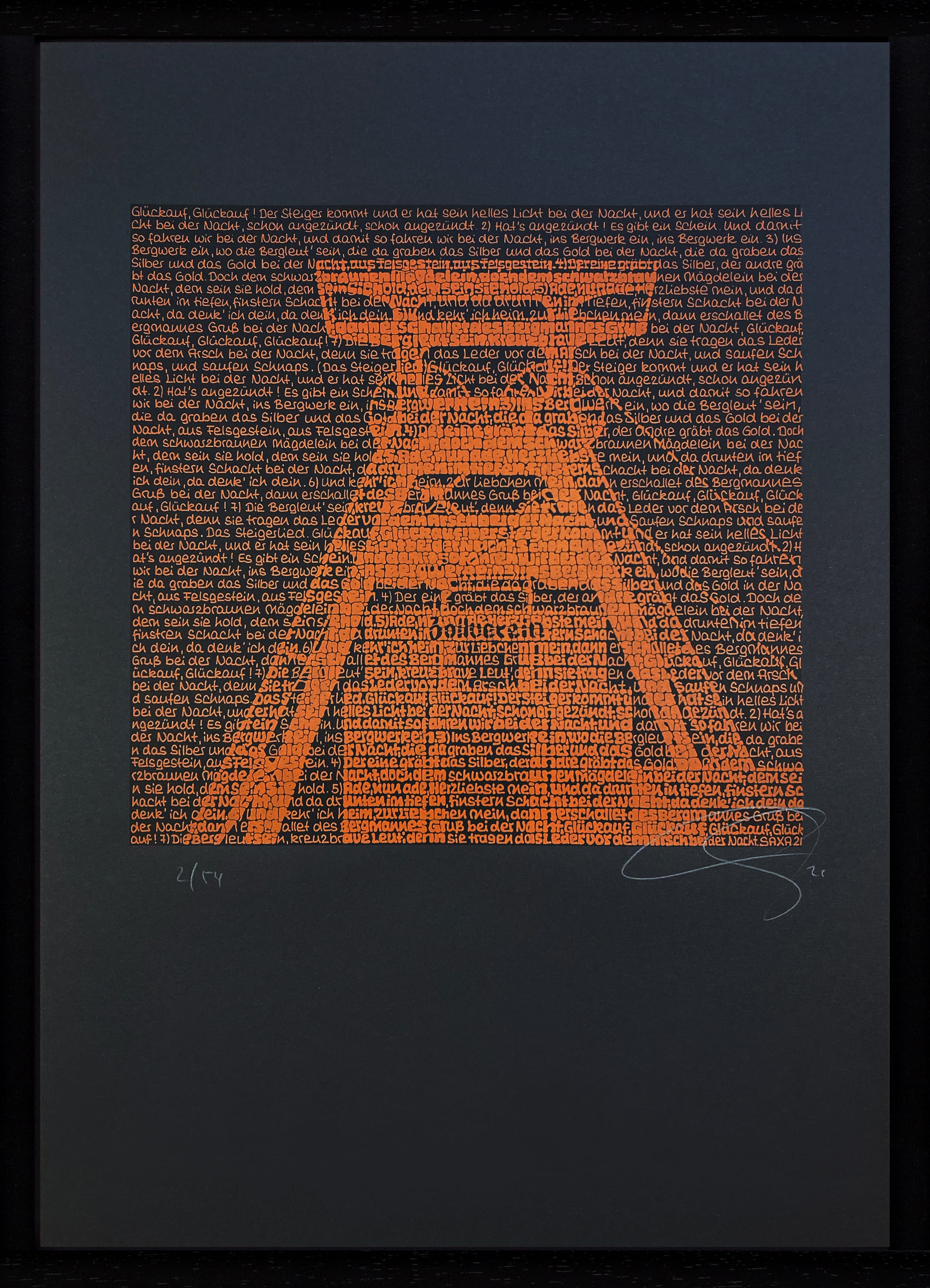 "Zeche Zollverein bei Nacht" - Orange auf schwarzem Karton SAXA Edition Wortmalerei