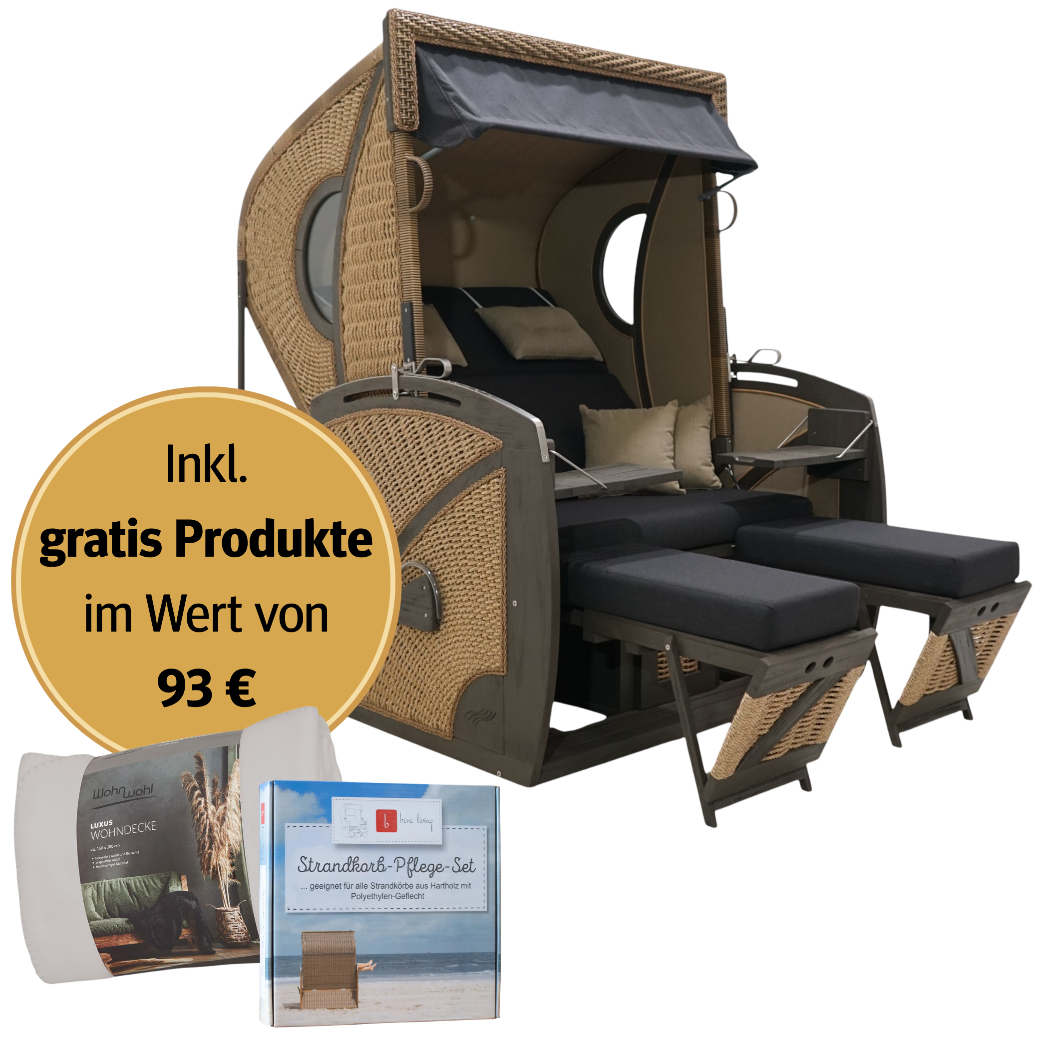 Strandkorb 2-Sitzer Komplettset | Pinienholz – Sternenlicht limitierte Sonderedition